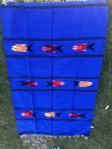 Tappeto/Coperta Vintage Nativi Americani Tessuto a Mano Messicano Coperta Motivo Pesce 80 X 48 - Foto 1 di 3