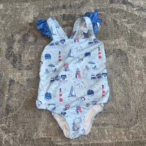 Little Magnolia Light Blue Seaside Swimsuit One Piece Sz 5 Red White 4th Of July - Picture 1 of 2