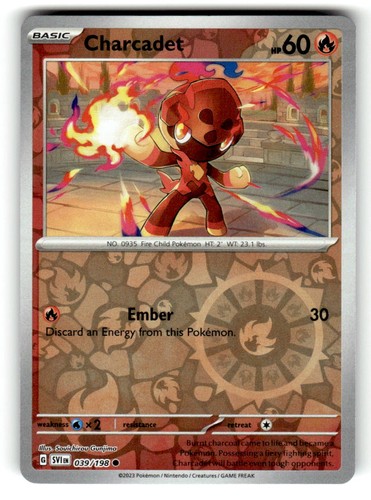 Charcadet Reverse holo Pokémon Scarlet & Violet Base Set card 039/198 with fiery orange background, 60 HP, and visible attack text.
