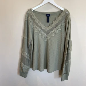 Daytrip Women's V-Neck Crochet Waffle Knit Oversized Top Green Boho Large - Picture 1 of 6