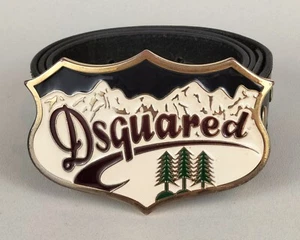 Dsquared Men's Enamel Buckle 4.7 x 3 in Black Leather Belt Mountains Pine Italy - Picture 1 of 24