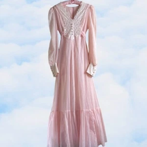 Vintage 1970s Prairie Dress Victorian Style Prairie Cottage Core Maxi Dress Pink - Picture 1 of 4