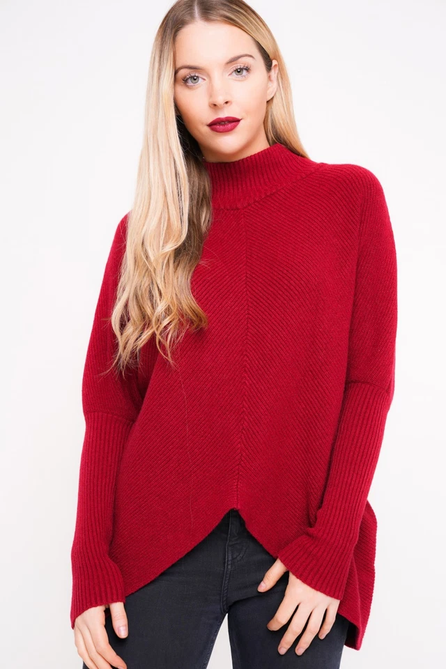 New Ladies High Neck Dip Hem Italian Knitted Casual Ribbed Longsleeve Jumper - Image 1 of 1