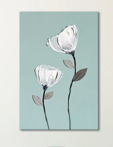 BEAUTIFUL DUCK EGG BLUE & WHITE FLOWERS PAINTING ZEN CANVAS PRINT HOME DECOR ART - Picture 1 of 3