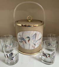 Vintage NORMAN R. WAMER Flying Ducks Faux Suede Ice Bucket And Low Ball Glasses