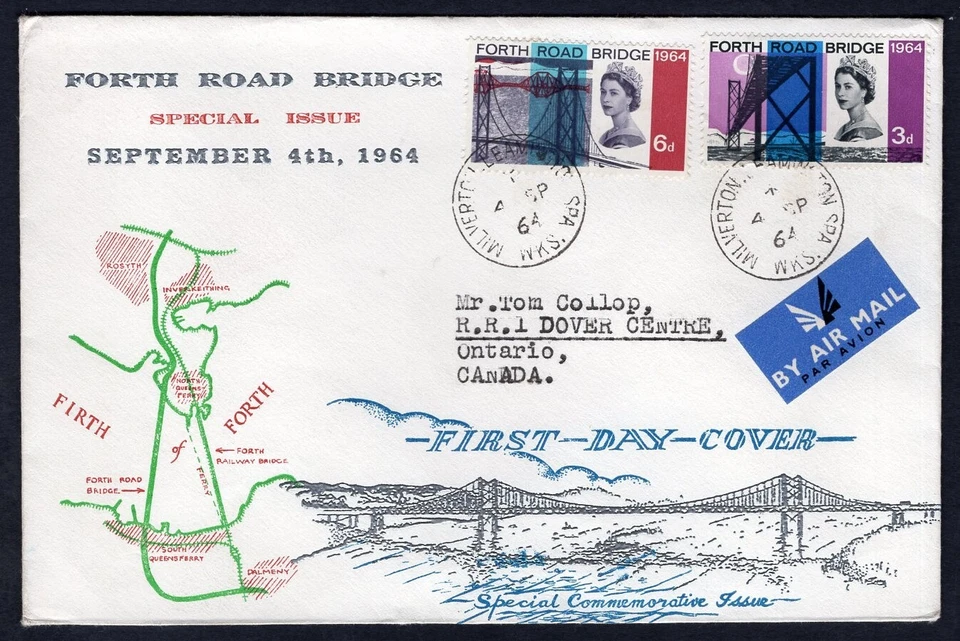 GB 1964 FDC Cover. Forth Road Bridge. Milverton to Canada - Image 1 of 2