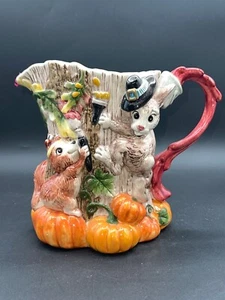 Fitz And Floyd 1995 Thanksgiving Harvest Pitcher With Fox Squirrel & Bunny - Picture 1 of 7