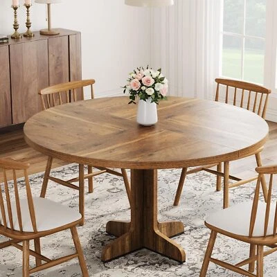 47" Farmhouse Wood Dining Table Small Round Dinner Table Kitchen Table for 4 Foto 1 de 4