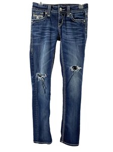 Rock Revival Jeans Womens Sz 27 Madison Straight Sequins Flap Pockets Destroyed - Picture 1 of 16