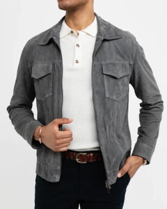 Nueva chaqueta de cuero de gamuza gris para hombre 100 % piel de cordero suave calce ceñido causal - Imagen 1 de 5