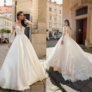 Wedding Dresses Long Sleeve Pearl Backless Applique Scoop Neck Ball Gown Train - Picture 1 of 11