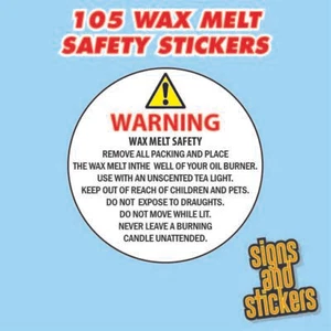 105 x WAX MELT SAFETY STICKERS LABELS WARNING INSTRUCTIONS REQUIRED BY LAW - Picture 1 of 1