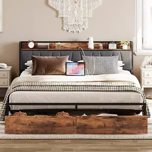 King Size Bed Frame with Storage Headboard & Charging Station, Vintage Style New - Picture 1 of 9