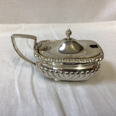 1898 Solid Silver Mustard Pot With Hinged Lid By J R Ltd. 59.65g Glass Liner Cover