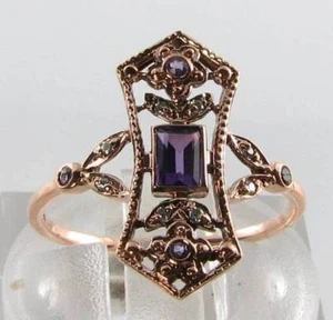 LONG 9CT 9K ROSE GOLD AFRICAN AMETHYST DIAMOND VINTAGE INS RING FREE RESIZE - Picture 1 of 5