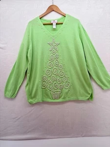 Women's Quaker Factory Size 1x Green Sweater Christmas Tree Pearl Accents V Neck - Picture 1 of 7