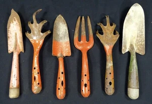 Lot of 6 Vintage Garden Lawn Hand Tools Claw Fork Trowel Shovel Rake Orange - Picture 1 of 6
