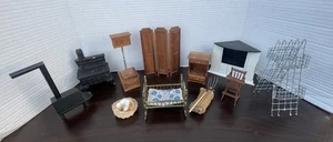 Muebles de colección para casa de muñecas ~ Lote 11 ~ Cama de latón madera inodoro trona divisor de habitación Más - Imagen 1 de 13