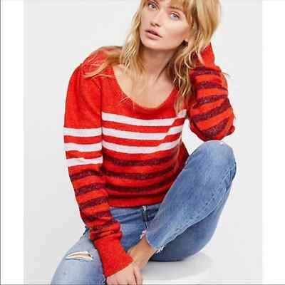 Free People women’s orange striped pullover sweater cozy cotton blend size XS/TP - Image 1 of 4