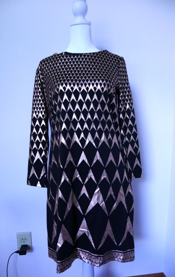 Vestido midi Julie Brown para mujer negro/dorado metálico manga larga talla mediana ¡NUEVO CON ETIQUETAS! Foto 1 de 4