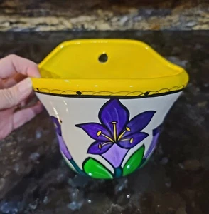 Italien Keramik Wandtasche lila grüne Iris Blumenmuster handbemalt hängende Vase 6 Zoll - Bild 1 von 9