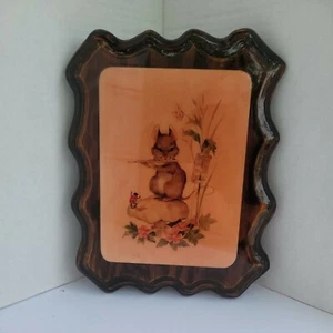 Vtg Laquer Wood Wall Plaque Mouse Playing Flute Ladybug, Pink Flowers 9"×7" - Picture 1 of 8