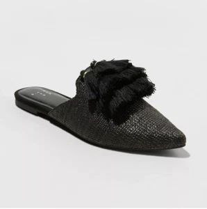 WOMEN'S A NEW DAY ANTOINETTE WOVEN TASSEL SLIP ON BACKLESS BLACK MULES - Picture 1 of 3