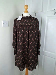 &OTHER STORIES BNWT Chocolate Brown Pink Floral Frill Smock Dress Size 38 UK 10 - Picture 1 of 7