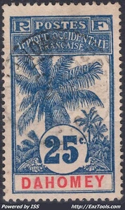 DAHOMEY PALMIER 25c BLEU SUR CHAMOIS N° 24 AVEC OBLITERATION - Picture 1 of 2