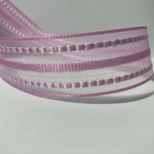 Pink White Sheer Stripe Ribbon 7/8" 9' Nylon Polyester 6 Rolls Simply Spring - Picture 1 of 8