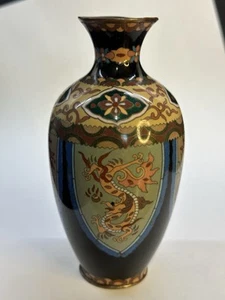Japanese Meiji Cloisonne 6" Vase Black w/ Multicolor 4 Shields Hoho/dragon - Picture 1 of 12