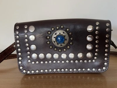 Vintage Boho Leather Ishka Bag With Silver Studs And Centre Stone Embellishment - Image 1 of 4