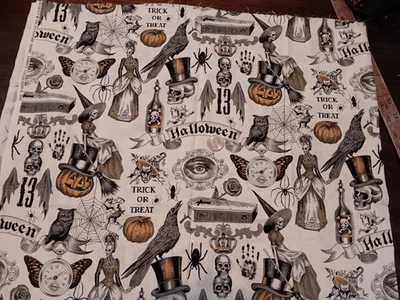 Alexander Henry Trickery Gothic Halloween Fabric Skulls Ravens Pumpkins 1/2 Yd - Image 1 of 3
