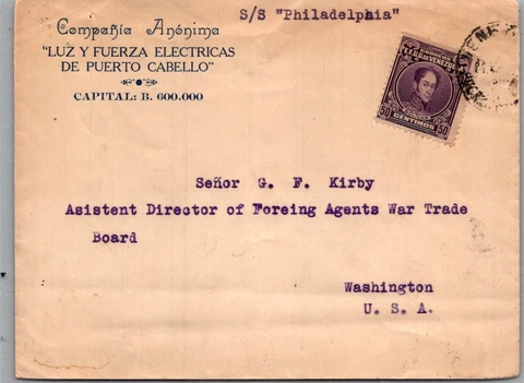 SCHALLSTAMPS VENEZUELA 1910-20 POSTAL HISTORY COVER VIA S/S PHILADELPHIA ADDR US Cover