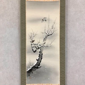 Japanese Hanging Scroll Snowy Plum Blossom Bird Painting w/Box Asian Antique voK - Picture 1 of 16