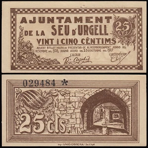 Billete local 1937 Ajuntament de Seu d Urgell 25 Cts. - Foto 1 di 1
