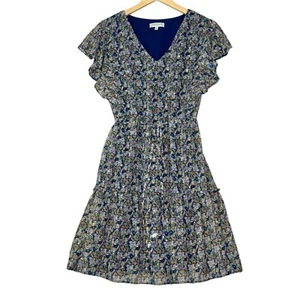 Skies Are Blue Curvy Navy Gold Ditzy Floral Demetri Waist Tie Tiered Dress Sz 1X - Picture 1 of 15