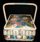 Lg Vintage Wicker Wooden Sewing Basket Box Floral Satin Top Woven Handle Japan