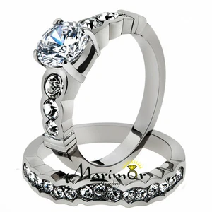 STAINLESS STEEL 2.35 CT ROUND ZIRCONIA  316L ENGAGEMENT WEDDING RING SET SZ 5-10 - Picture 1 of 9