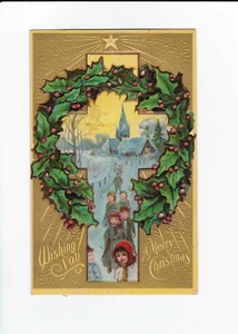 Vintage Christmas Postcard - Church and Children in Snow - Holly - Embossed - GC - Picture 1 of 2