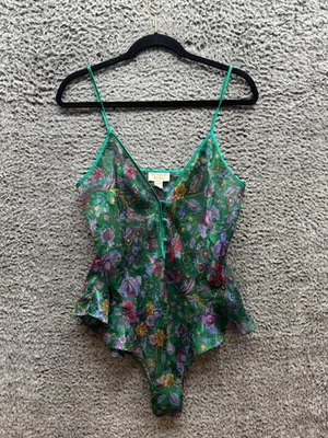 Vintage Victoria's Secret Gold Label Satin Floral Bodysuit Green Womens Size M - Image 1 of 4