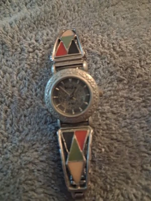 Vintage Timeline Silvertone Stretch Band Watch With Red Blk Grn Ylw Enamel Acct - Image 1 of 2