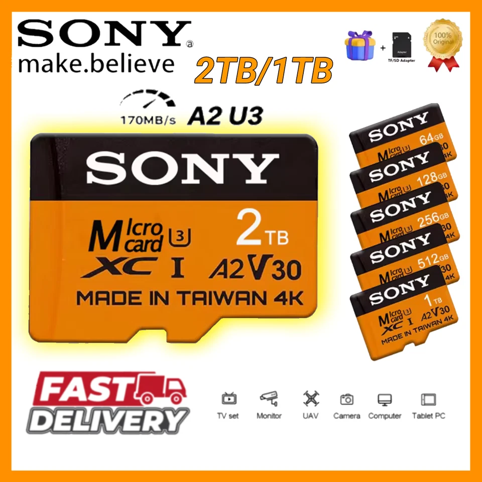 Micro SD Card 2TB 1TB 512GB 256GB 128GB V30 A2 4K 170mb/s TF Memory High Speed - Image 1 of 4