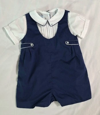 Petit Ami Baby Boys Navy Shortall 3 Months Romper Layette Side Tabs Pintuck VGUC - Image 1 of 4