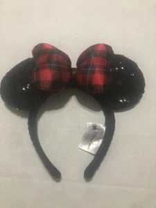 Disney Ears Plaid Bow Christmas Minnie Black Sequins Headband - Picture 1 of 5