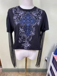 Social Collision Juniors Sz XL Gothic Cross & Fishnet Twofer Crop Top Y2K Eery - Picture 1 of 9