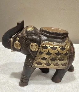 Antique Wooden Elephant Figurine Original Old Hand Carved BRASS/COPPER - Picture 1 of 9