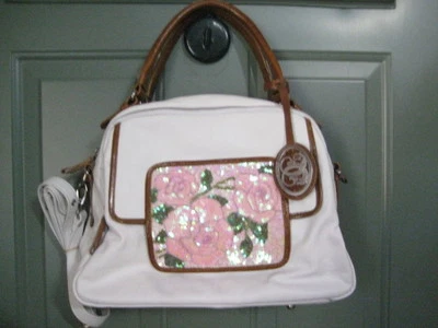 SHARIF (White) "Napa Pebbled Leather" (With Pink Sequined Rose-Design) Satchel - Image 1 of 4