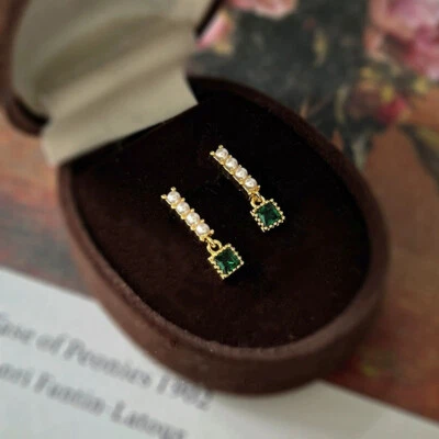 Vintage Dainty Pearls Emerald Sterling Silver Claw Post Dangle Stud Earrings - Image 1 of 4
