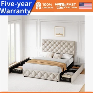 4 Storage Drawers and Headboard QUEEN Size Bed Frame Linen Upholstered Platform - Picture 1 of 9